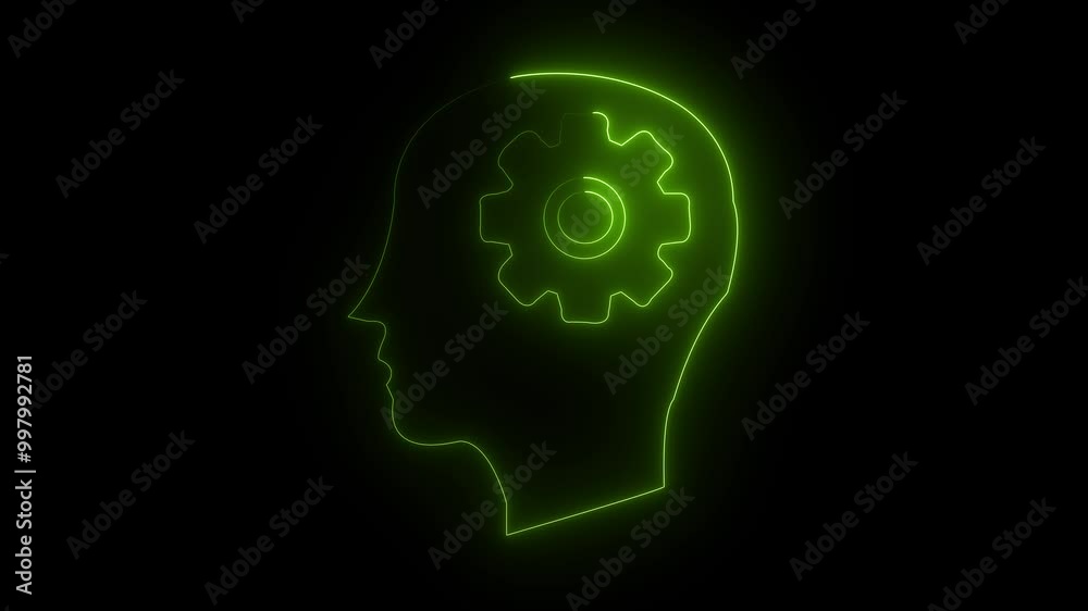 glowing Neon icon with silhouette man head and settings icon gears. Mental health concept. on black background glowing Neon icon with silhouette man head and settings icon gears. Mental health concept. on black background