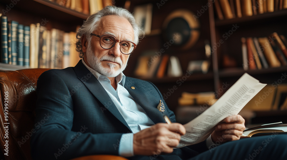 Older businessman in a classic suit reading a book. Older businessman in a classic suit reading a book.