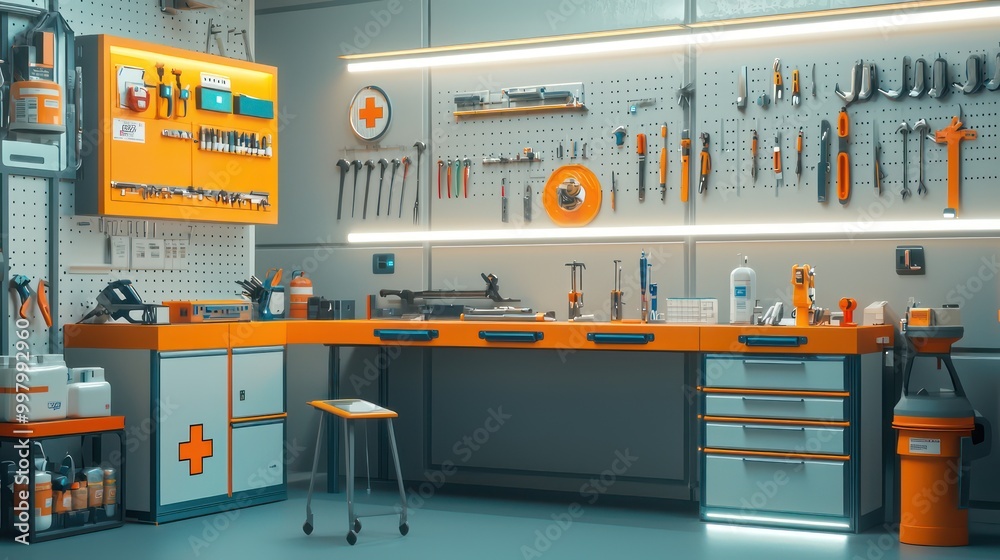 A smart workshop with a tool-tracking system, automatic ordering of supplies, and a first aid kit that monitors stock A smart workshop with a tool-tracking system, automatic ordering of supplies, and a first aid kit that monitors stock