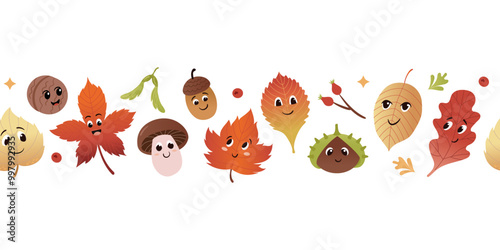 Cute autumn characters seamless border. Leaves, mushroom, nuts. Funny anthropomorphic faces. Vector colorful illustration set.