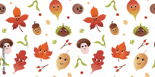 Cute autumn characters seamless pattern. Leaves, mushroom, nuts. Funny anthropomorphic faces. Vector colorful illustration background.
