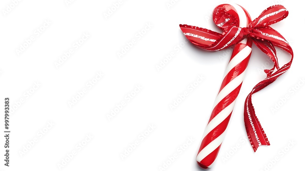 Candy cane with a bow on a blank white page Candy cane with a bow on a blank white page