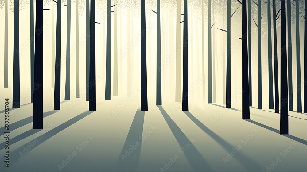 A misty forest with tall trees casting long shadows on the ground.