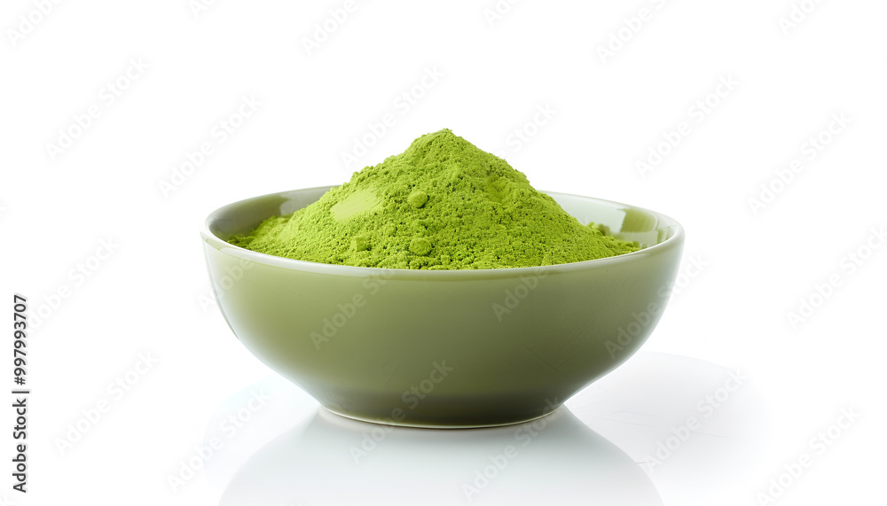 Bowl of matcha powder isolated on white