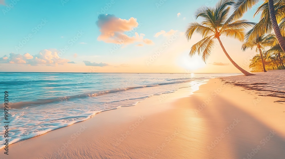 Obraz premium Tranquil Summer Beach at Sunrise with Palm Trees and Golden Light