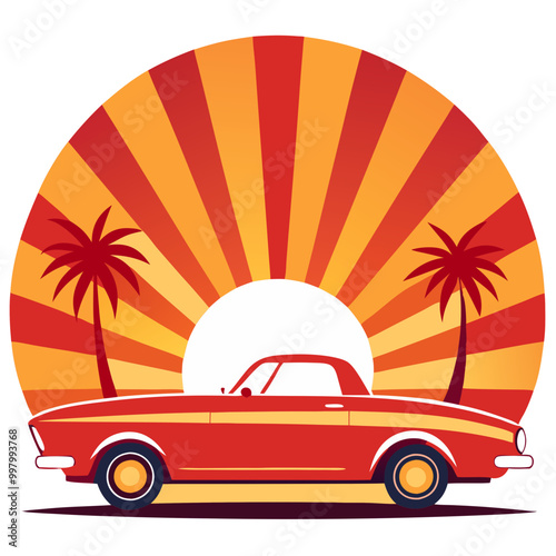 Vintage car driving on a sunny beach road, illustration