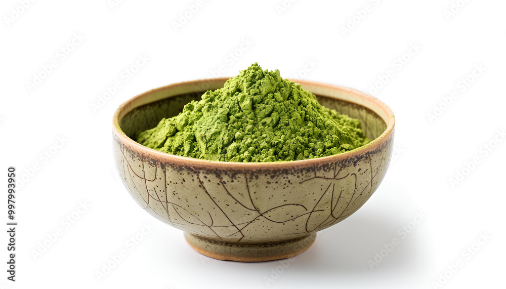 Bowl of matcha powder isolated on white Bowl of matcha powder isolated on white