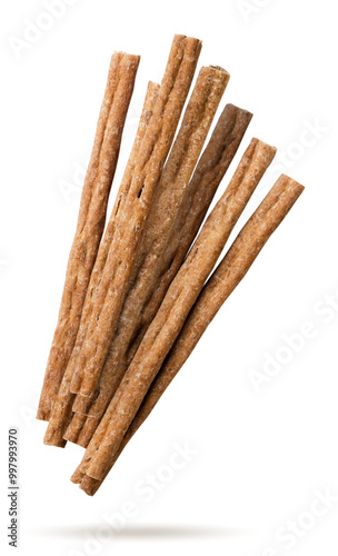 Pet food sticks flying on a white background. Isolated