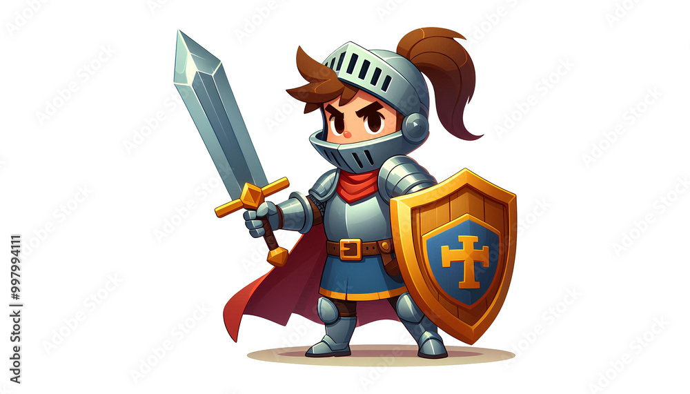 Warrior Knight in Cartoon Style with Shiny Sword Warrior Knight in Cartoon Style with Shiny Sword
