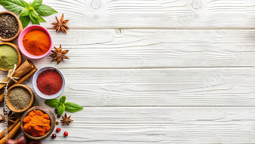 A variety of spices in bowls and wooden spoons are laid out on a white wooden countertop, creating a vibrant display perfect for cooking enthusiasts or food preparation