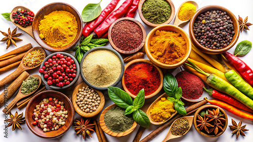 An array of colorful spices and herbs displayed in wooden bowls, highlighting various textures and colors. The arrangement includes chili peppers, star anise, and cinnamon sticks