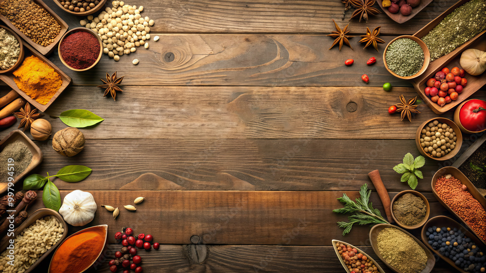 Various spices, herbs, and seeds are beautifully arranged around a wooden table. This colorful display highlights the richness of culinary ingredients, inspiring flavor and creativity Various spices, herbs, and seeds are beautifully arranged around a wooden table. This colorful display highlights the richness of culinary ingredients, inspiring flavor and creativity