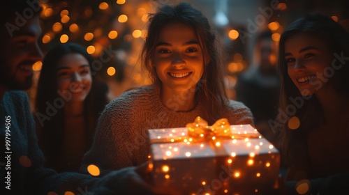 Modern Christmas Celebration - Friends Exchanging Gifts in High-Tech Living Room with Holographic Decorations on Christmas Eve | Sony A7R IV, Warm Festive Colors