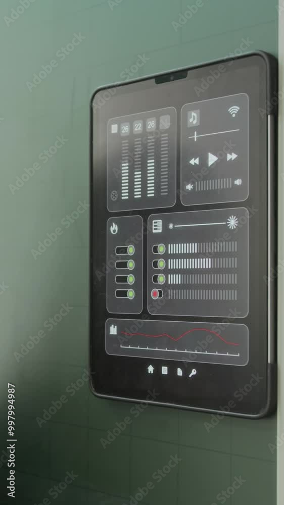 Vertical shot of hands of anonymous person turning on application on tablet pc to check smart home system Vertical shot of hands of anonymous person turning on application on tablet pc to check smart home system