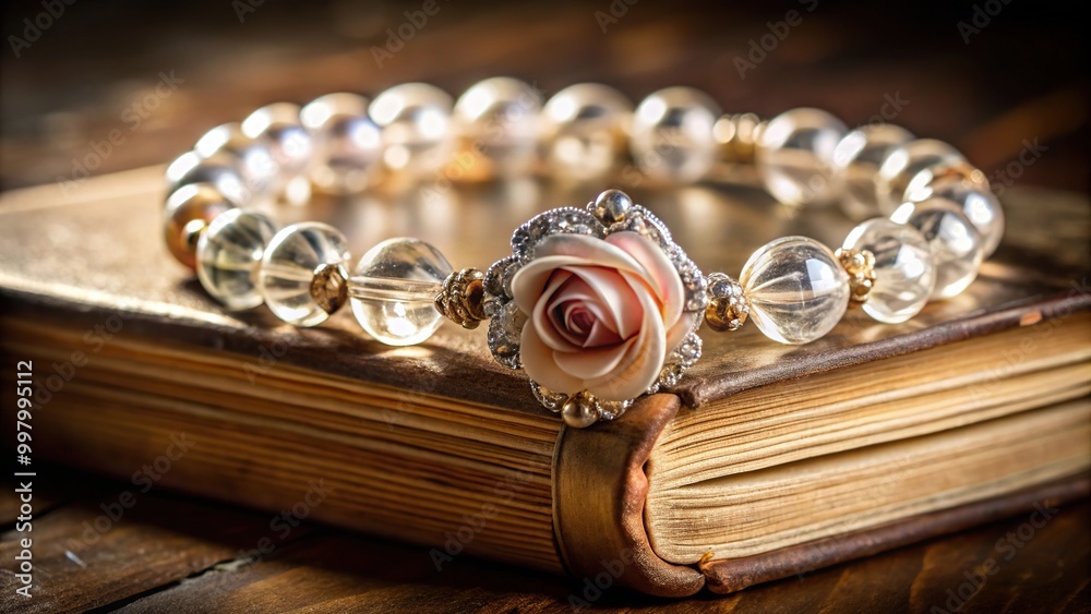 Fisheye crystal rose bracelet on antique book with crystal rhinestone necklace Fisheye crystal rose bracelet on antique book with crystal rhinestone necklace