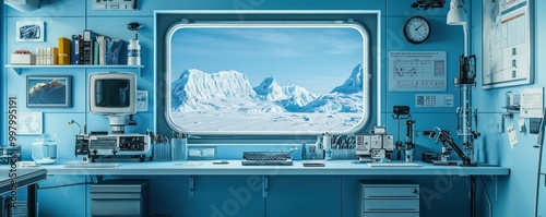 Home office with an Antarctic research station theme, featuring icy blue walls, scientific equipment, and a faux window view of polar landscapes Cool and exploratory