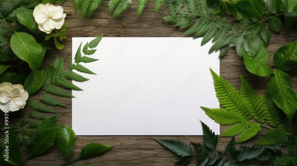 Green Leaves and White Flowers Around a Blank Card Green Leaves and White Flowers Around a Blank Card
