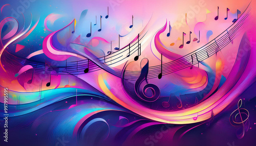 Abstract colourful music background with notes. Purple, blue and pink colours.