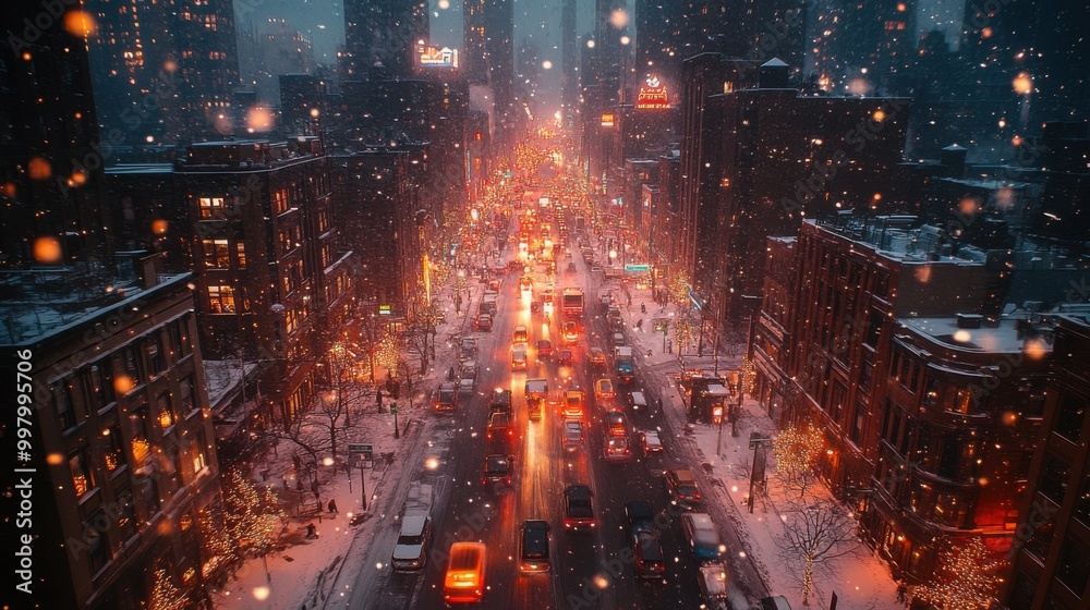 Fototapeta premium Glowing Snowy Futuristic Cityscape: Drone Christmas Presents Delivery at Night with DJI Mavic Air 2 Aerial View