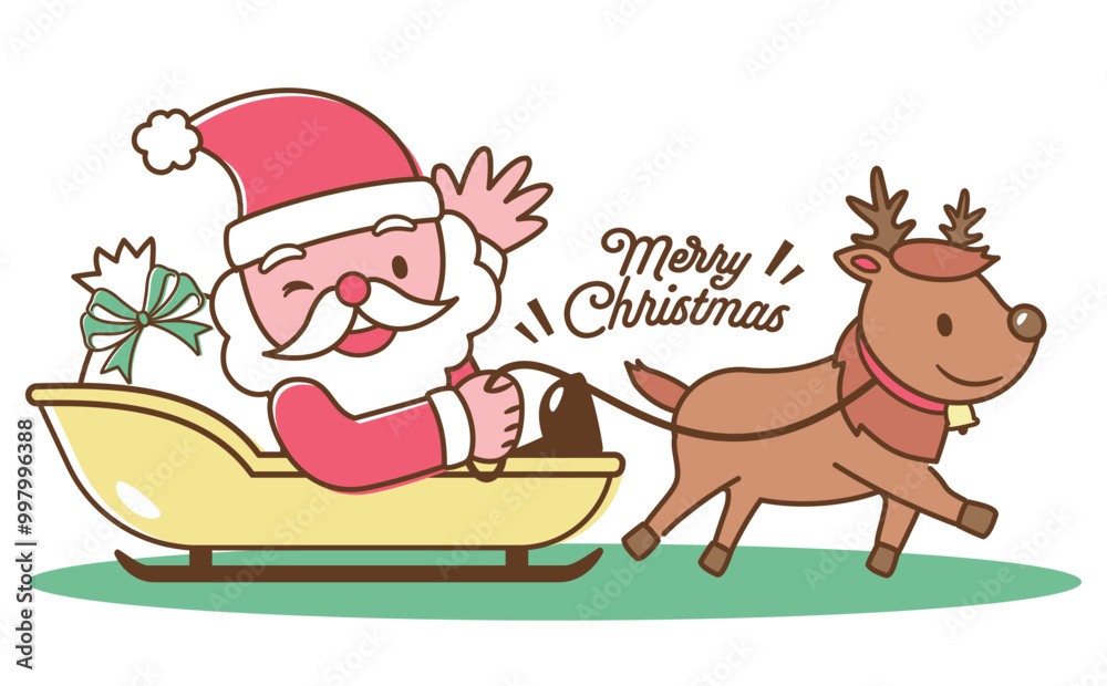 Naklejka premium ソリに乗ったサンタクロースとトナカイの子どもかわいいクリスマスイラスト_可愛い手描きベクター素材