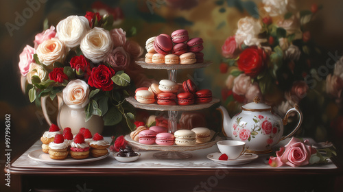 Wallpaper Mural 3 Macaron cake with tea cup Torontodigital.ca