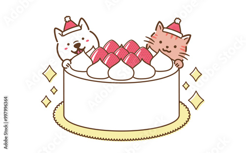クリスマスケーキのポップでかわいいフレームイラスト素材_犬猫・動物