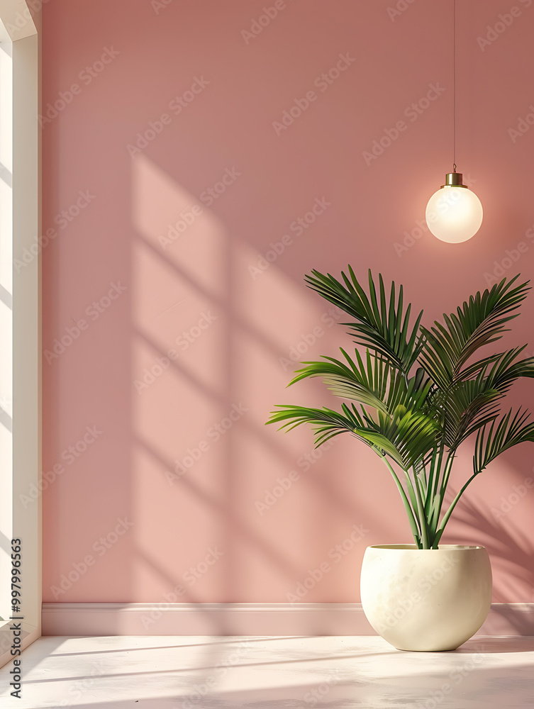 A single potted palm tree sits in a bright pink room with a single lightbulb hanging from the ceiling. A single potted palm tree sits in a bright pink room with a single lightbulb hanging from the ceiling.