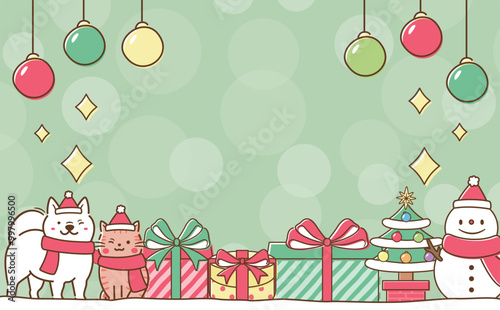クリスマスプレゼントやオーナメント等のかわいいポップなイラストフレーム背景の素材