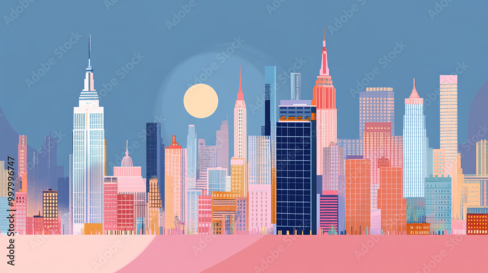 simplified line drawing of New York City skyline, nighttime