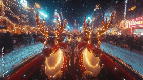 Festive Futurism: Holographic Reindeer & Robotic Santa in POV Christmas Parade Amid Glowing City Lights - Captured with GoPro HERO9 Black photo