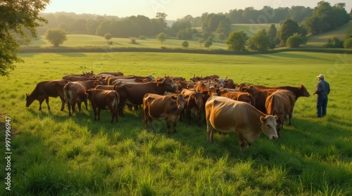 A herd of cattle engaged in rotational grazing on a verdant farm at sunset, demonstrating regenerative agriculture practices