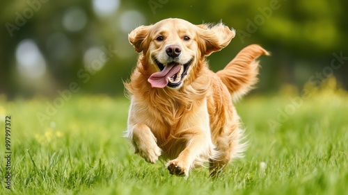 Golden retriever running joyfully in green grass under a bright blue sky.