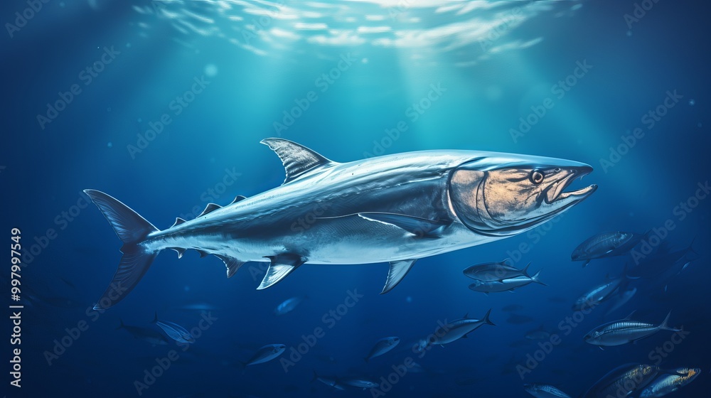 Fototapeta premium Majestic tuna swimming gracefully in deep blue ocean waters during a sunlit day