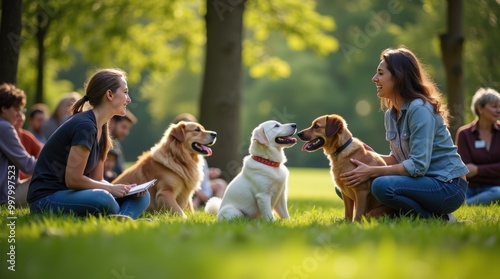 Dog owners and their pets participate in a behavior workshop in a sunny park setting for training and socialization
