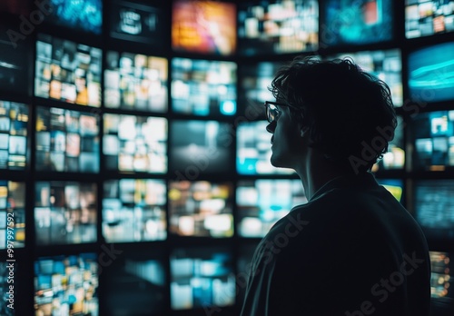 man looking at giant wall made of colorful televison screens, profile view