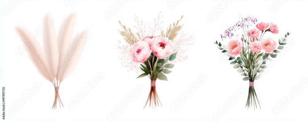 A collection of elegant floral arrangements showcasing soft pink flowers and decorative foliage on a white background. A collection of elegant floral arrangements showcasing soft pink flowers and decorative foliage on a white background.