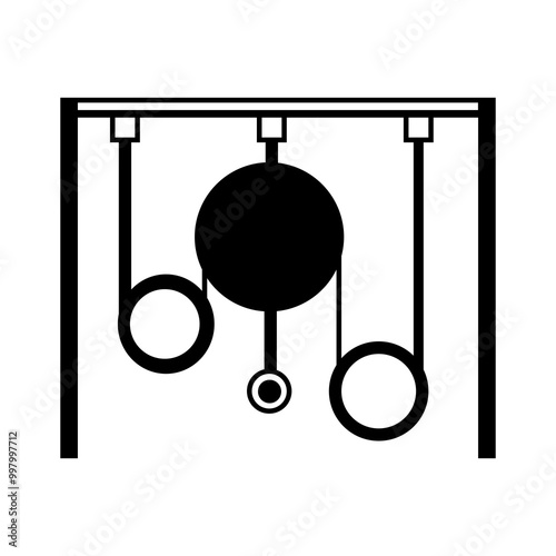 Hanging objects icon, pendulum design, geometric shapes, balance and motion representation, circular and linear forms, physics and chemistry, mechanics icon, abstract science design