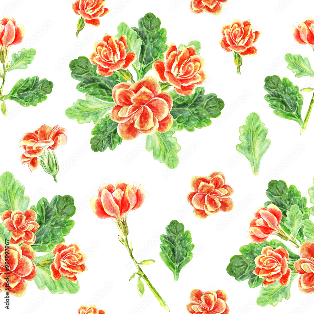 Seamless pattern of kalanchoe flowers and leaves of succulents bouquet. Watercolor hand painted illustration is drawn in red, yellow, orange and green colors on white background. Used in packaging, on Seamless pattern of kalanchoe flowers and leaves of succulents bouquet. Watercolor hand painted illustration is drawn in red, yellow, orange and green colors on white background. Used in packaging, on