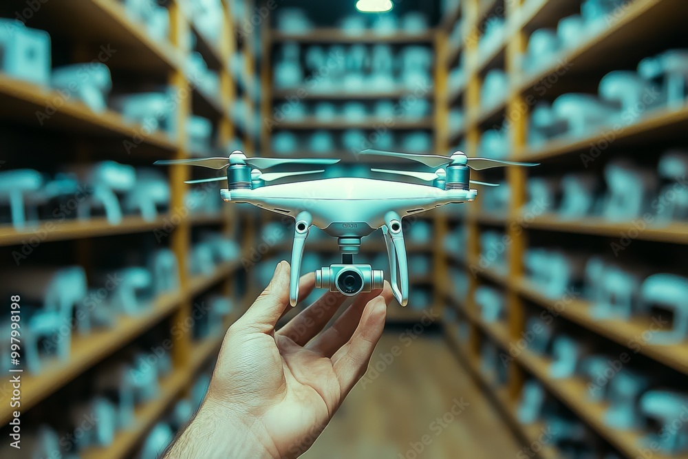 Person holding a drone in a large warehouse filled with shelves symbolizing the advancements in automated aerial delivery solutions within industrial logistics environments Person holding a drone in a large warehouse filled with shelves symbolizing the advancements in automated aerial delivery solutions within industrial logistics environments