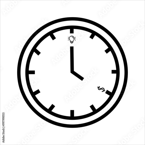 Clock icon with a lightbulb and dollar symbol, time management concept, black and white, clear and minimalist design, represents creativity and efficiency, simple lines, productivity, scheduling.