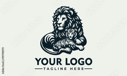 Lion holding baby tiger vector logo protective, Lion protecting baby tiger in monochrome, evoking care and safety. Suitable for parental themes in design, print, and branding projects. photo