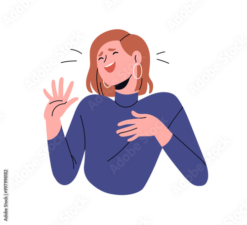 Happy laughing woman, joyful face expression, amusement and fun. Cheerful excited female character smiling. Laughter, joy, positive emotion. Flat vector illustration isolated on white background