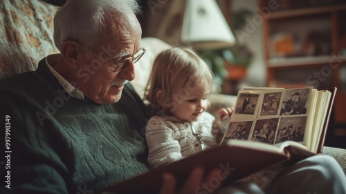 Grandfather and granddaughter reading a photo album together at home.
