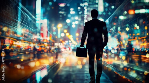 A businessman holding a briefcase, his silhouette merged with images of a busy urban street and blurred city lights