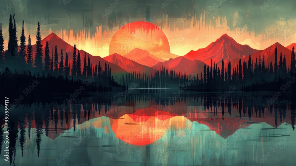 Obraz premium Digital Sunset Over Mountain Lake
