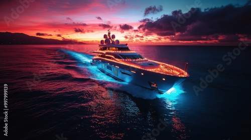 Futuristic Yacht Christmas Celebration with Holographic Decorations - Aerial View with DJI Mavic Air 2
