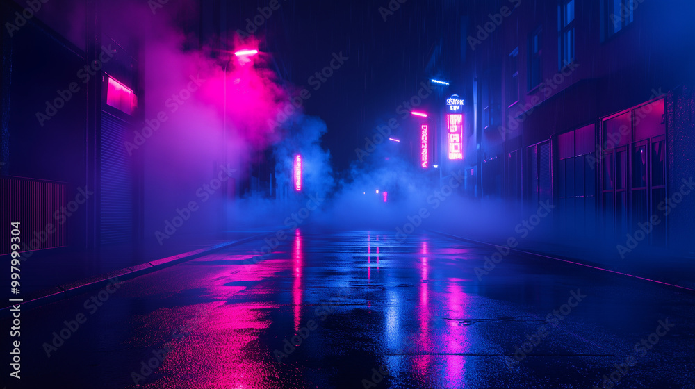 Fototapeta premium Mroczna ulica nocą, na której mokry asfalt odbija intensywne neonowe światła, tworzy surrealistyczny pejzaż.