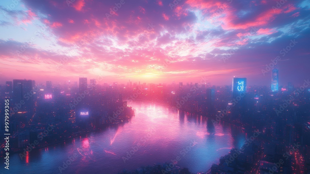 Fototapeta premium Futuristic Cityscape with Holographic New Year Messages Illuminating Twilight Skies - Aerial View with DJI Mavic Air 2