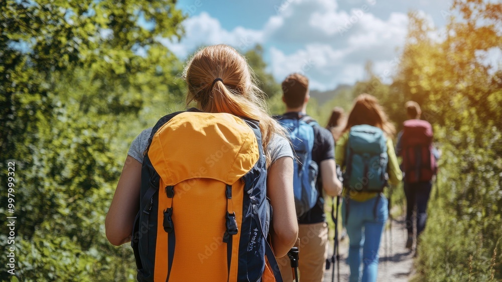 Group of hikers walking on a sunny trail through lush greenery. Group of hikers walking on a sunny trail through lush greenery.