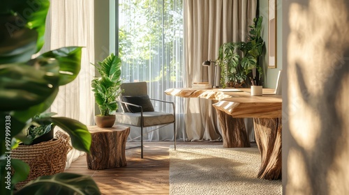 Home office with an organic modern theme, featuring live-edge wooden desks, green plants, and natural light filtering through linen curtains Serene and natural